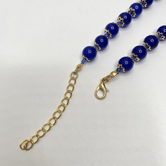 Earth Mined Sapphire Blue Gemstone Gold Tone Beaded Necklace Statement Bold - Picture 6 of 8